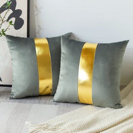 Artscope Grey Velvet Throw Pillow Covers with Gold Leather Stitching Luxury Modern Minimalist Square Pillowcase Cushion Covers for Bed Couch Sofa 22x22Inch Set of 2