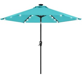 Durable & Practical 7.5 Ft Market Outdoor Patio Umbrella with Solar Lights Crank Lift Push Button Tilt | Turquoise Blue Color Large Shade Octagonal Stable Air Vent UV Wind Fade Water Proof