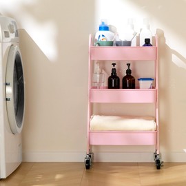 AGTEK 3-Tier Rolling Carts with Wheels, Rolling Utility Cart with Iron Frame for Kitchen, Plastic Shelves, Living Room, Office, Pink