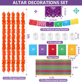 Thiccywoov 23 Pcs Day of The Dead Altar Decorations Set, Marigold Garland Mexican Banner Table Runner Paper LED Light Supplies Dia De Los Muertos Ofrendas Altar Decorations