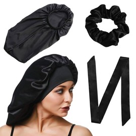 EORPAVU Shower Caps, Soft Wide Hat, Medium Length Hat, Silk Stretch Night Cap, Long Braided Hair Cap for Women and Girls with Curly Hair (Black)