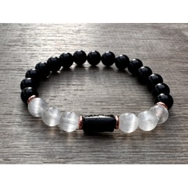 GAF TREASURES Grade A++ Crystal Bead Bracelet, Wholesale Genuine Gemstone Stetch Bracelet, Healing Crystal Bracelet Bead Bracelet, Gift for Men & Women, Medium, Stone, black tourmaline and selenite