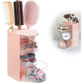 Soporte para cepillo de pelo y organizador de accesorios para el cabello, organizador de accesorios para el cabello transparente de 3 capas, pequeño joyero giratorio para collares con clip