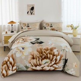 RYNGHIPY Floral Comforter Set Queen Size Taupe Bedding Comforter Sets Lightweight Fluffy Botanical Flowers Comforter and 2 Pillow Cases (Taupe,Queen Size)
