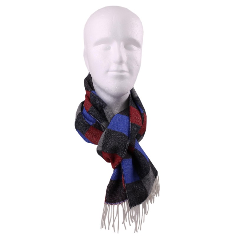 Wool Scarf Men's Winter Scarf Checked in Anthracite Red Blue