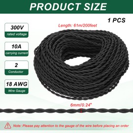 PATIKIL 200 ft Twisted Cloth Covered Wire, UL Listed 18AWG 2-Conductor Vintage Cloth Covered Lamp Cord Replacement Cord for Pendant Light Bulb Industrial DIY Project, Black