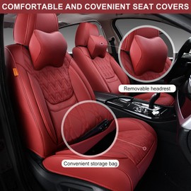 TINRAIYANG Car Seat Covers Front Pair, Breathable Leather Automotive Front Seat Covers with Headrest, Universal Automotive Vehicle Seat Cover for Most Sedan SUV Pick-up Trucks, Wine Red