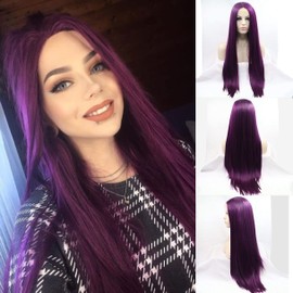 Long Straight Purple Synthetic Lace Front Wig Heat Resistant Fiber Middle Parting for Women (24 Inch, Purple/straight)