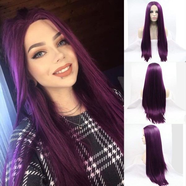 Long Straight Purple Synthetic Lace Front Wig Heat Resistant Fiber