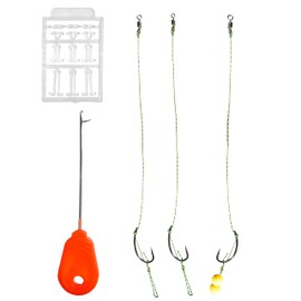 Carp Fishing Hair Rigs Set, 3x Anti-Tangle Swivel, Ready Tied Curved Barbed Hook, Braided Line with Boilie Bait Stops Dumbell Stoppers and Stringer Needle (6# Hooks)