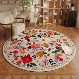 Rugcomf Round Rug 6ft Washable Circle Rug Non Slip Low Pile Boho Floral Small Circular Rug for Bedroom, Bathroom, Entryway, Kids Room, Office, College Dorm(Beige)