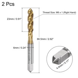 sourcing map 2pcs Spiral Flute Thread Taps, Metric M6 x 1 H2 Screw Threading Tap, Titanium Coated M2 High Speed Steel Machine Tapping Tools for Machinist Repair