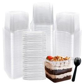 Rainmae 12 oz Disposable Plastic Dessert Cups with Lids Parfait Cups with Lids Fruit Cups with Lid Appetizer Cups Sporks Square Clear Cups for To Go Iced Coffee, Bubble Boba Tea, Milkshake 100-Pack