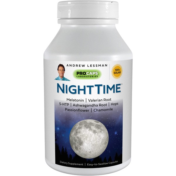 ANDREW LESSMAN Night Time 60 Capsules - 3mg Melatonin, Valerian, Ashwagandha, Passionflower, Hops, Chamomile. No Morning Hangover. Natural Support for Gentle Restful Sleep. Easy to Swallow Capsules