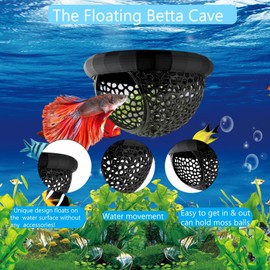 ELCCOTYA Aquarium Floating Betta Fish Hideout Cave, All-in-One Fish Tank Accessories as Fish or Shrimp Hammock, Feeding Ring, Resting Spot, Toy or Aquarium Decor (Black-2.76"x1.57")