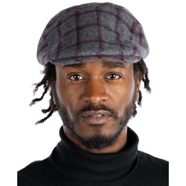 Funky Junque Men's Duckbill Slim Flat Cap - Grey Plaid w/Red & Black Check (Large/XL)