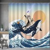 Funny Shower Curtain Brave Cat Holding Trident Arrow Riding Shark