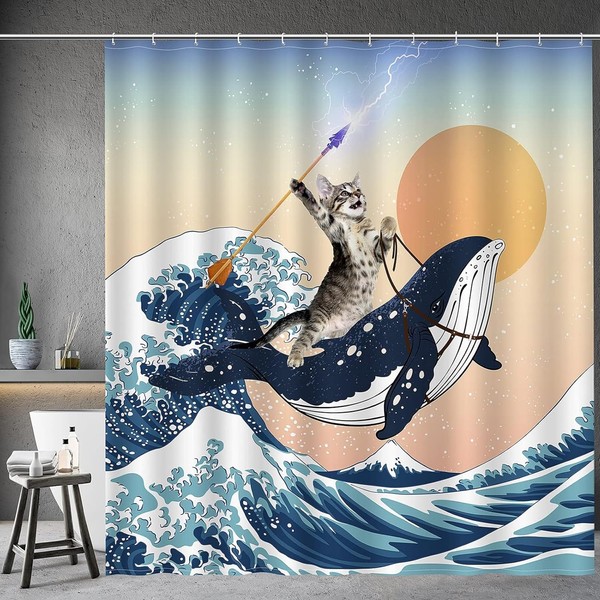 Funny Shower Curtain Brave Cat Holding Trident Arrow Riding Shark