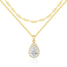 Mesovor Diamond Layered Necklaces for Women, 18K Gold Plated Cubic Zirconia Tear Water Drop Pendant Necklace | Tiny Paperclip Choker Necklace Jewelry Gifts for Girls (White)