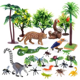 kukifun - 26 cifras de animales de la selva tropical, juguetes realistas de animales de la selva con perezoso de serpiente, leopardo, overol, pájaro, insectos, árboles, para niños, educativo