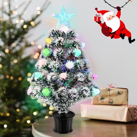 56cm Small Fiber Optic Christmas Tree, Mini Artificial Tree, Lighted Tabletop Xmas Trees with RGB Color Changing Lights, Balls,Star, White Tiny Fake Xmas Tree Decorations for Office,Window,Party