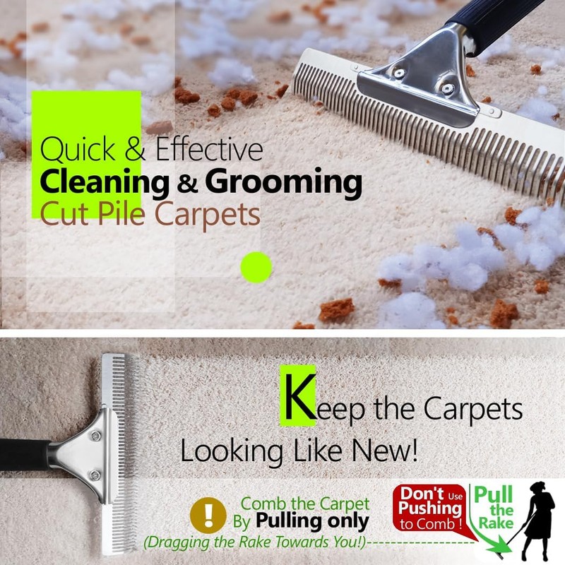 Pet Hair Carpet Rake - Multi-Surface Brush & Broom for