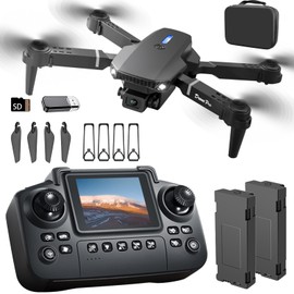 elecci E88 Drone with Screen Controller with SD card, Foldable Mini Drone for Beginners, 2 Batteries, 360° Flips Waypoint Fly, Active Obstacle Avoidance, One Key Take Off/Landing. (2 batteries - Black)