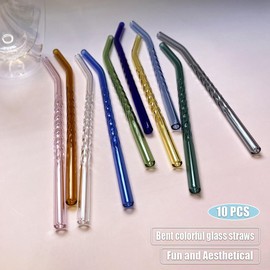 Zurtoki 10 PCS Reusable Bent Colored Glass Straws 7.87" x 8 mm Fun Drinking Straws Shatter Resistant for Iced or Hot Drinks, Dishwasher Safe Come with 2 Cleaner Brush and 1 Reusable Storage Box