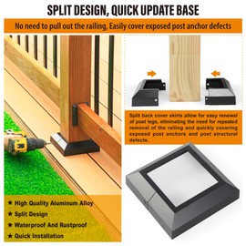 Wocepu 4 pcs 4x4 (Actual: 4"x4") Aluminum Deck Post Base Cover, for Railings, Stairs, Patios, Porches, Split Deck Post Skirt (Black)