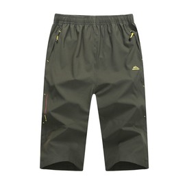 EKLENTSON Men's 3/4 Jogging Bottoms, Tracksuit Bottoms, Capri Pants, Summer, Outdoor, Lightweight, Quick-Drying, Army Green
