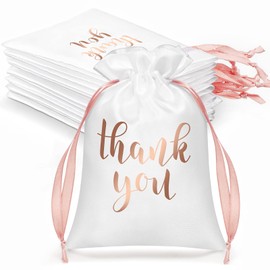 50 Pcs Thank You Satin Gift Bags Drawstring Jewelry Pouches Candy Bags for Wedding Party Bridal Shower Baby Shower Favor Birthday Holiday (White, Rose Gold, 4 x 6 Inch)