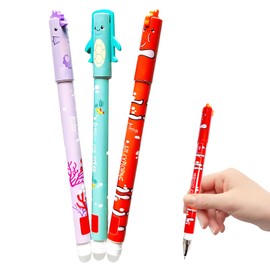 MeYuxg Set of 3 Erasable Gel Pens - Sea Animals Set 2025 Gel Pens Erasable: Clown Fish, Seahorse, Sea Turtle - Animal Head Pens Coloured Heat Sensitive Ink 0.5mm Tip