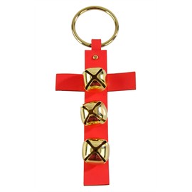 Home-X Hanging Sleigh Bells on a Cross, Jingle Bell Christmas Décor, Door Hanger, Red and Gold 11" L x 4 5/8" W x 1 1/2" H