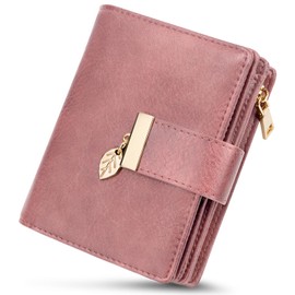 WACCET Women's Small Purse RFID Blocking PU Leather Large Capacity Purse Women's with 14 Card Slots and Zip Coin Compartment Small Purse Women, Vintage Pink, Retro
