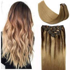 Clip In Hair Extensions Double Weft 120g 7pcs Medium Brown Mixed with Golden Brown and Strawberry Blonde Highlighted Full Head Silky Straight 100% Human Hair Clip In Hair Extensions for Women 20in