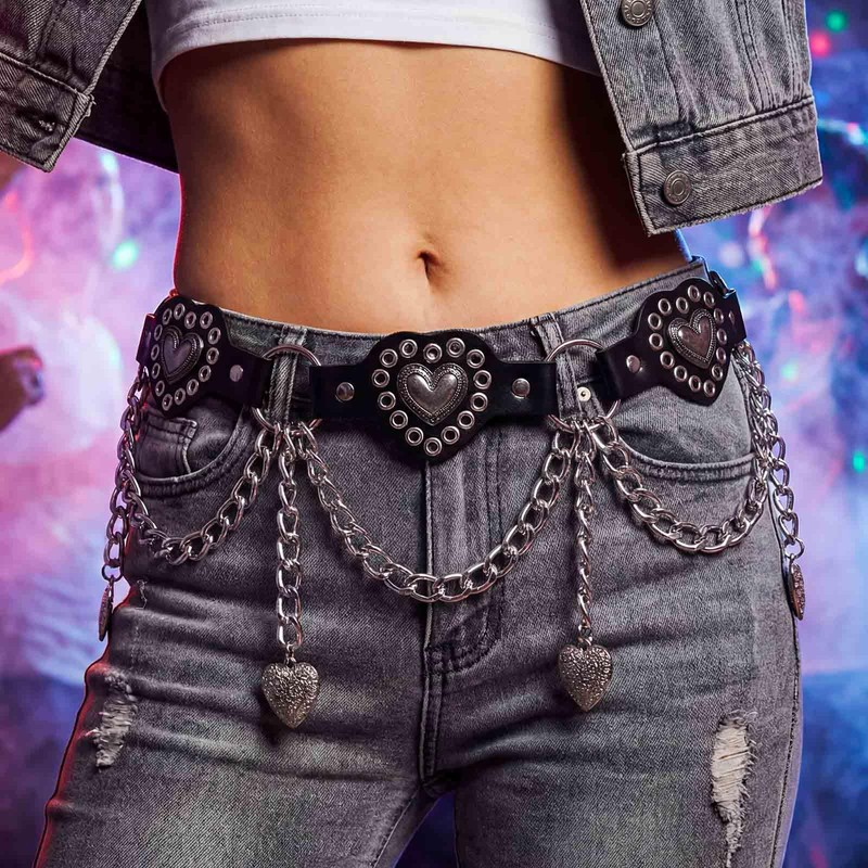 ELABEST Gothic Leather Waist Chain Belt Y2K Heart Charm Chains