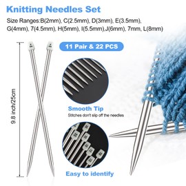 Reessy Knitting Needles Set with Bag, Metal Single Pointed Knitting Needles 2mm-8mm, 11Pair Straight Short Knitting Needles 25cm, 9Pcs Circular Knitting Needles, Knitting Kits for Beginners Adults