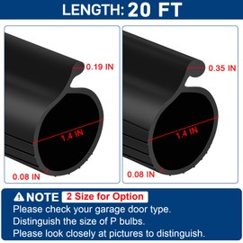 20 FT Garage Door Bottom Seal Rubber 0.19" P Bulb Bottom Garage Weather Stripping for Single Channel, Flexible Weatherproof Replacement Strip Seal Fits 20FT Wide, Black