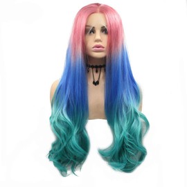 24" Long Pink Blue Green Ombre Colorful Synthetic Lace Front Wigs for Women Party Cosplay Heat Resistant Hair Holidays Wigs Natural Hairline Green Teal Wigs Drag Queen Middle Part