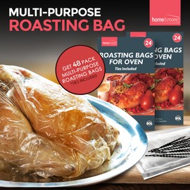 48pk Roasting Bags for Oven with Ties | Oven Bags for Roasting Chicken, Turkey, Meat & Fish | 38 x 25cm | Multi Purpose Cooking Bags for Oven | Turkey Roasting Bags | Oven Roasting Bags + SOL Sticker