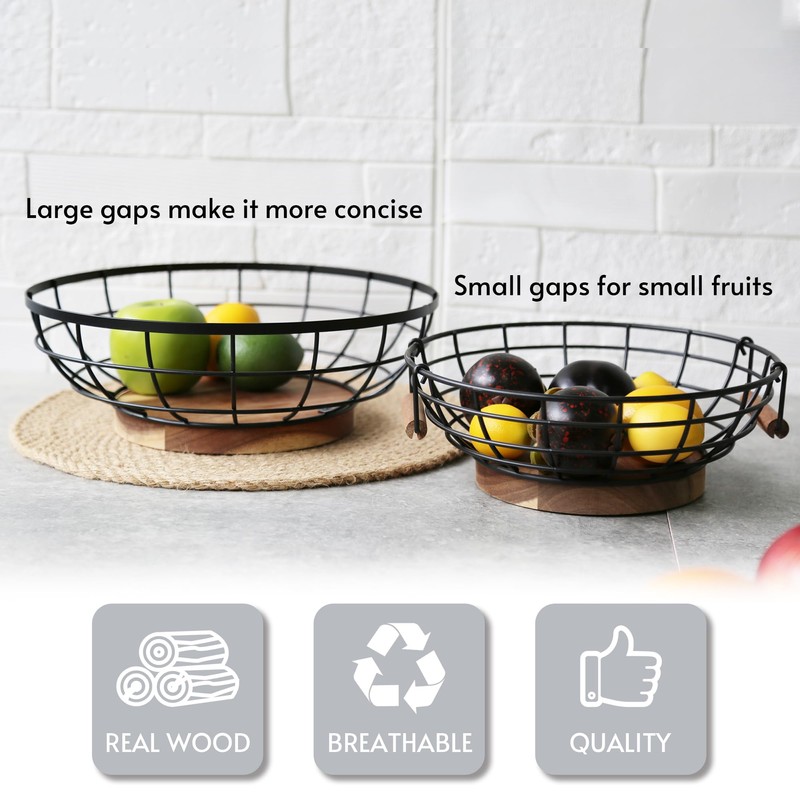 WILDMOS Fruit Basket,black Wire Basket with Acacia Wood Base,large Fruit