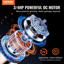 VEVOR JWM-V50 Garbage 3/4 HP 3260RPM DC Motor, Continuous Feed Sink Disposer, 3-Bolt Mount Food Waste Grinding System with Sound Reduction, Power Cord and Splash Guard, for Kitchen, Black