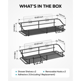 Nieifi Shower Caddy Shelf with Hooks Storage Rack Organizer Adhesive Stainless Steel Without Drilling for Bathroom, Lavatory, Washroom, Restroom, Shower, Toilet, Kitchen - 2 Pack (Black)