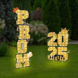 Amyhill 6 Pcs Prom 2025 Yard Signs Party Outdoor Lawn Decorations with Light String Prom Graduation Yard Signs Party Outdoor Grad Decorations Waterproof Lawn Graduation(Gold and Black)