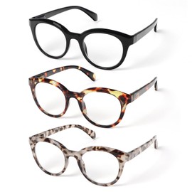 DXYXYO 3 Pack Round Reading Glasses for Women, Ladies Stylish Readers Blue Light Blocking with Spring Hinge, 2.0 Black+Grey+Brown