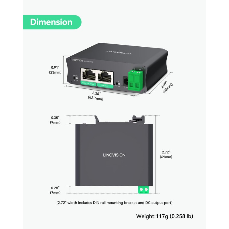 LINOVISION Industrial Gigabit 30W PoE Splitter with DC12V Output and