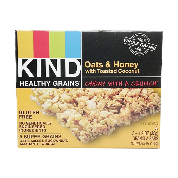 KIND Healthy Grains Bars, Oats & Honey with Toasted Coconut, Non GMO, Gluten Free, 1.2 oz, 5 Count