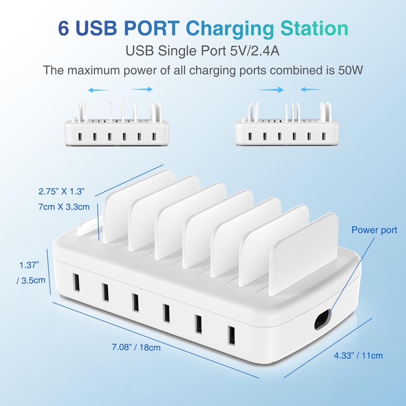 Fast Charging Station for Multiple Devices, 50W 6-Port USB Charging