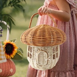 Mushroom Basket with Lid, Easter Basket for Kids, 10 Inch Mushroom Storage Basket, Handmade Rattan Basket, Portable Picnic Basket, Woven Shelf Organizer for Doll House, Home Decoration, Photo Prop