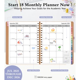 Monthly Planner 2025-2026, 18 Months Academic Calendar Planner from July 2025 - December 2026, 7.4'' x 9.6'' Monthly Planner with Tabs, Spiral Daily Planner Perfect for Office School Teacher Student, Purple